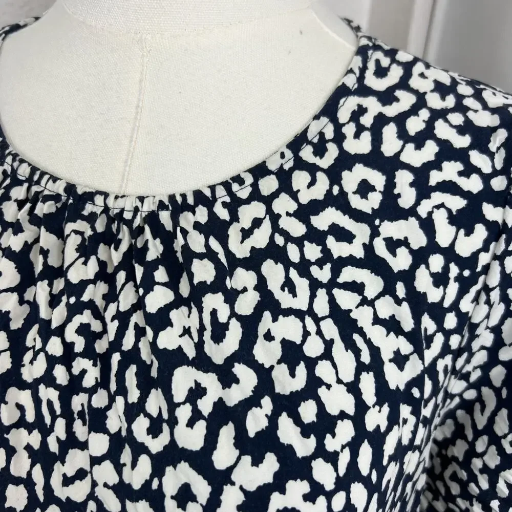 J Crew Midi Dress Womens Medium Blue White Leopard Print Puff Sleeve Tiered Boho